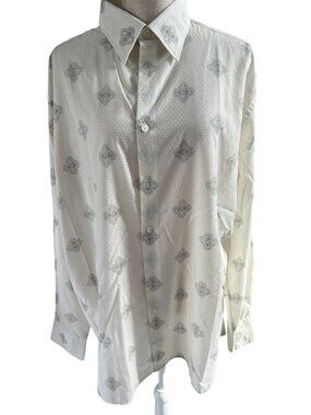 Perry Ellis Mens XL White Long Sleeve Button-Up Shirt W/ Gray Pattern